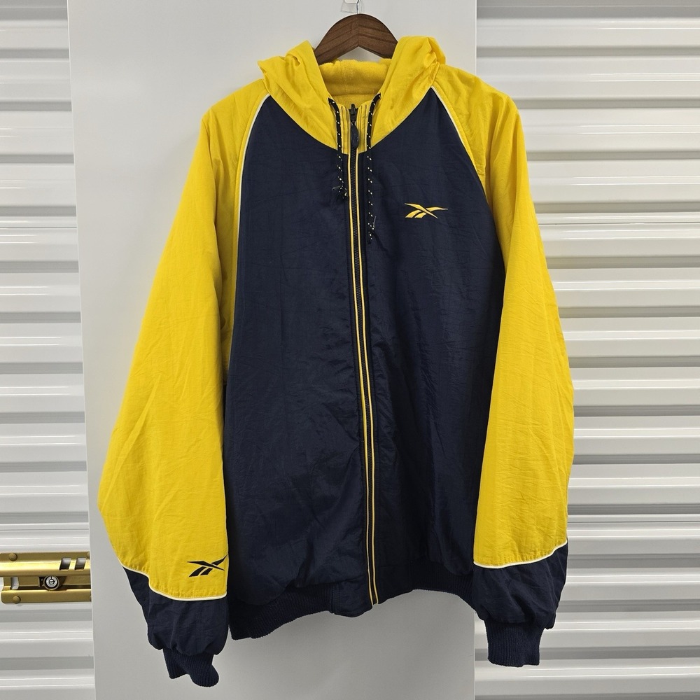 Vintage 90s Reebok Reversible Jacket Men XL Yellow Navy Fleece Windbreaker